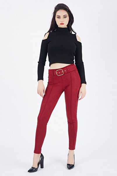 Sense Waist Fabric Covering Belted Front Stitching Iron Trace Skinny Leg Suede Trousers| Pnt32569 Claret Red