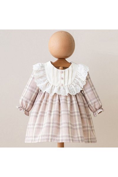 Mymio 6-24 Months Girls Pink Long Sleeve Plaid Dress