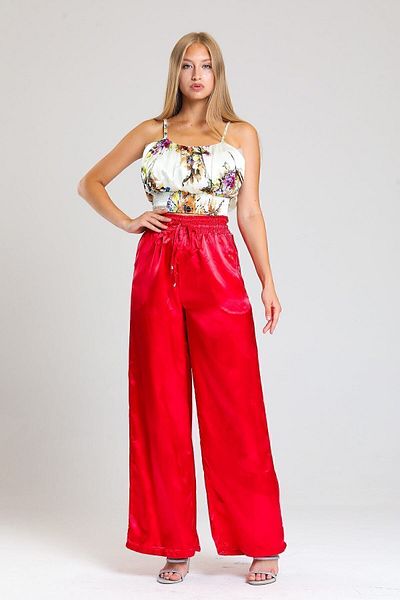 Sense Gipe Detailed Pocketed Wide Leg Satin Trousers| Pnt34217 Red