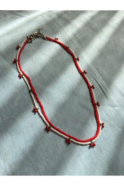 Genel Markalar 2li kırmızı Ve Beyaz Boncuklu Kiraz Kolye