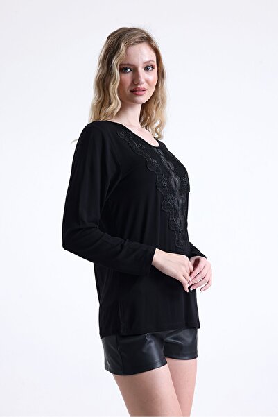 Sense Lace Collar Long Sleeve Viscose Blouse| Blz35274 Black
