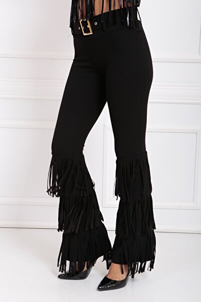 Sense Kemerli Paçaları Püsküllü Scuba Krep Pantolon | Pnt33396 Siyah