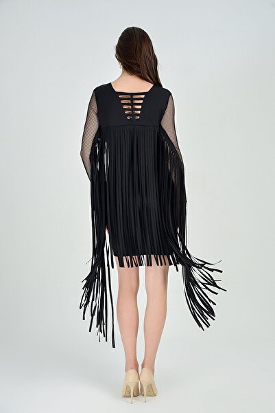 Genel Markalar Ön Arka Lazer Kesim Kol Ve Arka Püsküllü Dalgıc Abiye Elbise | Elb31368 Siyah