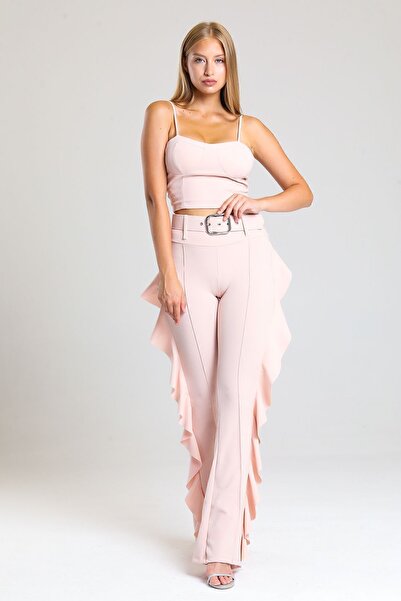 Sense Yellow Buckle Belt Side Flywheel Scuba Crepe Trousers_pnt32717 Powder