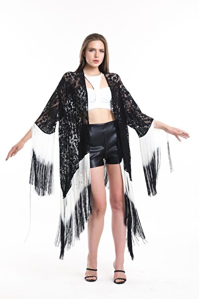 Sense Tasseled Short Lace Kimono| Kmno 34270 Ecru Black Tassel