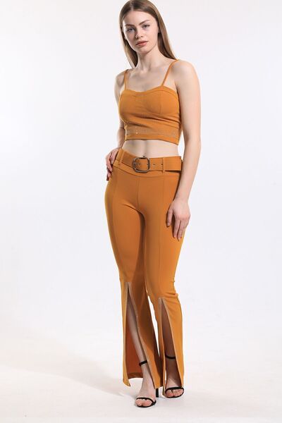 Sense Scuba Crepe Evening Dress - Stone Detailed Trousers, Belted Leg| Pnt34185 Saffron
