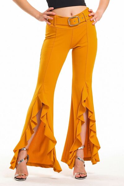 Sense Scuba Crepe Belted Trousers - Side Flywheel, Safran_pnt33381