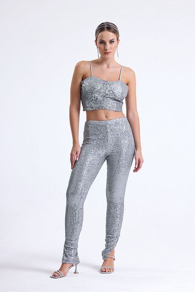 Sense Rochie de seară căptușită cu perle, pantaloni cu paiete |   PNT34879 Argint