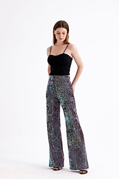 Sense Wide Leg and Sequined Elastic Evening Trousers - Pnt33970 Black-Purple