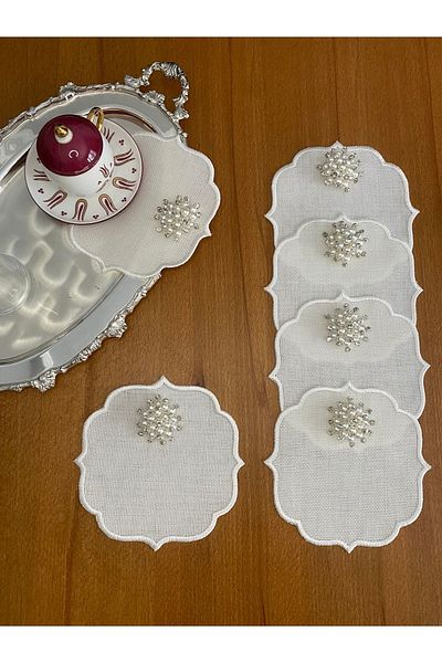 Smiling Home 6 Pieces Linen Linen Ecru Color Stylish Pearled Cocktail Presentation Napkin