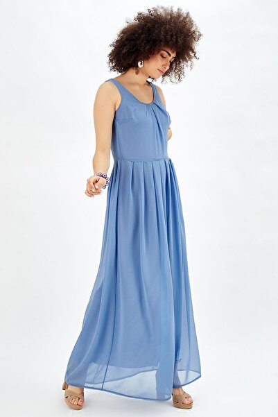 Sense Astarlı Pileli Şifon Uzun Elbise K.mavi