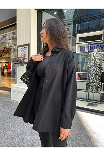 Qaju Cămașă neagră oversize pentru femei - Detaliu feston pe spate