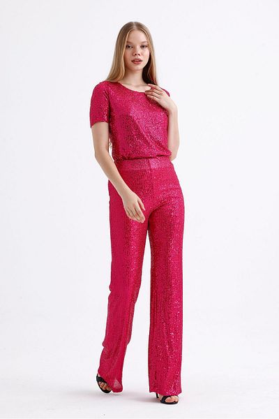 Sense Lined Elastic Waist Sequin Evening Dress Trousers |   Pnt35233 Fuchsia