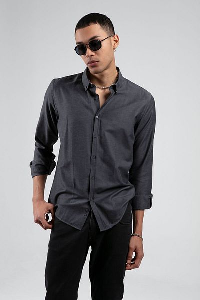 MAN EDITION Men's Anthracite Oxford Shirt - Easy Iron, Standard Cut| Ee255008-7504