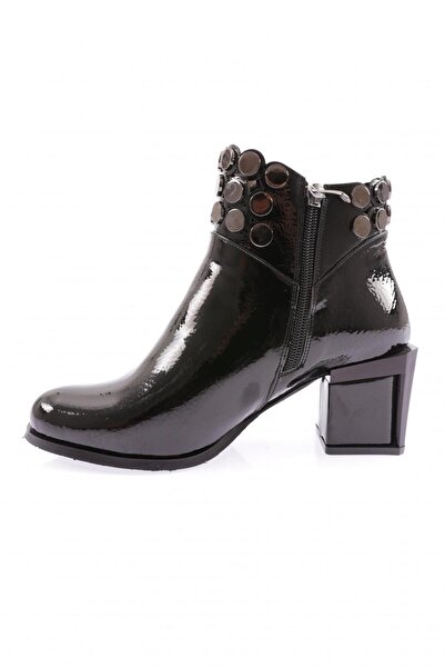 DGN Kadın Kristal Taşlı Topuklu Bot Siyah Rugan 93121033
