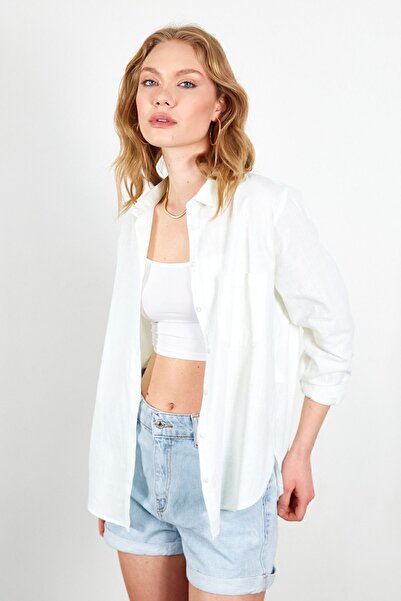 EDITION WOMAN قميص نسائي بجيب ليموني بتأثير الكتان - Mks163420-01-3420