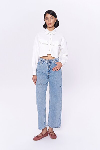 Quzu Πουκάμισο Ecru Crop - Πίσω με κουμπί και κέντημα