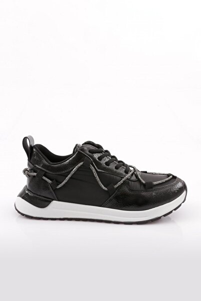 DGN Women's Stretch Lace-Up Sneakers Shoes with Side Rope Detail Black Metall...