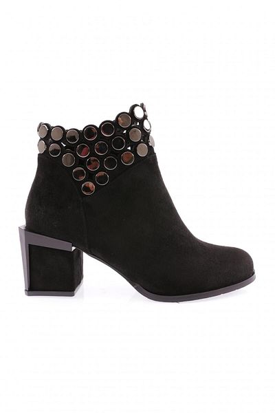 DGN Women's Crystal Stone Heeled Boots Black Suede 93121033