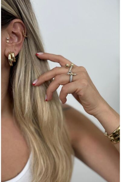 SU PERİSİ TAKI BİJUTERİ Vip Seri Gold İkili Görünümlü Halka Küpe