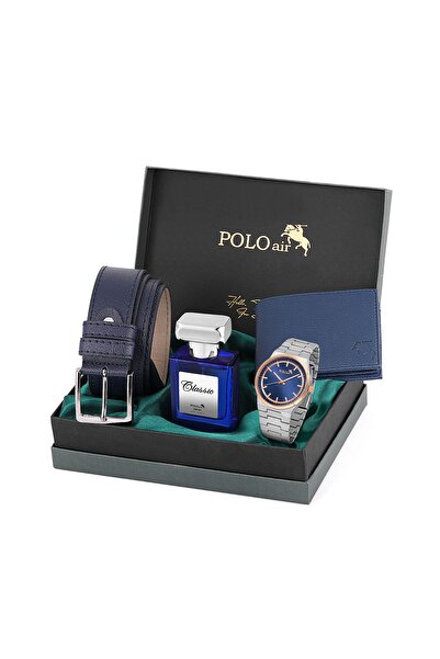 Polo Air Klasik Metal Kordon Erkek Kol Saati Cüzdan Kemer Parfüm Kombin Gümüş...