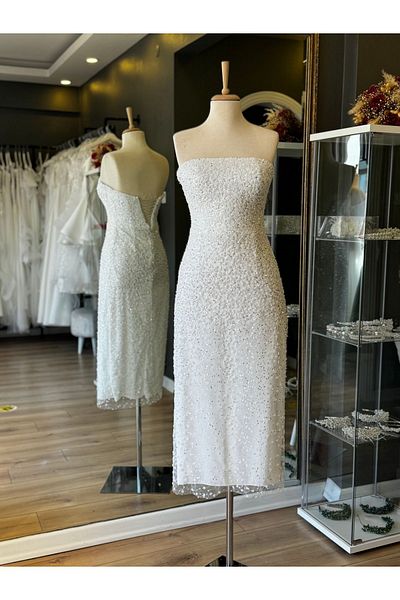 Lenta Wedding White Pencil Dress with Stone Detail - Suitable for Engagement and Night