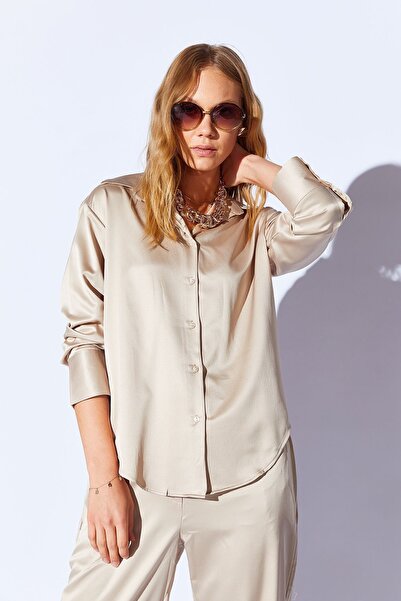 EDITION WOMAN Cămașă de damă din satin bej - Croială relaxată, manșete groase...