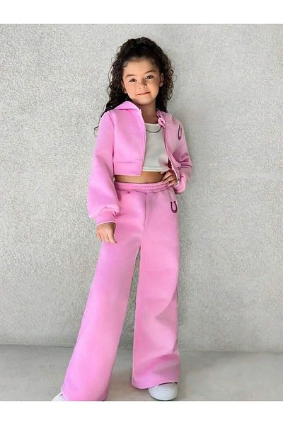 npLStore Children's Oversize Hooded Zippered Crop Cardigan Tracksuit Set