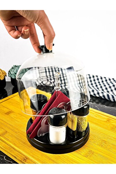 eser plastik طقم أوعية توابل مكونة من أربعة قطع مع غطاء جرة شفاف - حامل مناديل ومبرد أعواد أسنان وطبق ملح وطبق توابل