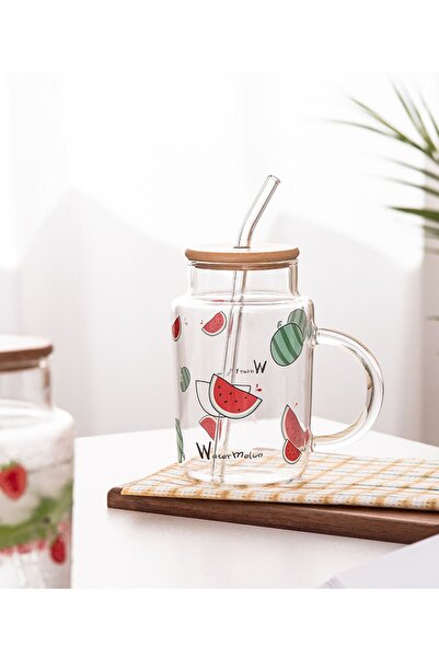 Livava كوب زجاجي على شكل بطيخ مع ماصة، أحمر، 12×7