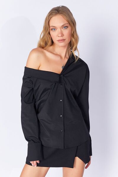EDITION WOMAN Siyah Asimetrik Poplin Likralı Gömlek| Ek1000169256-9256