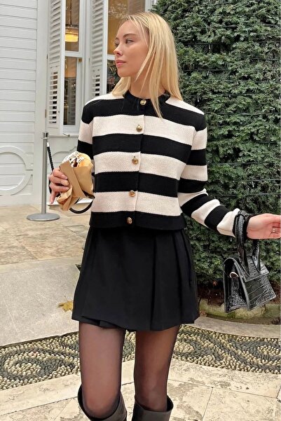 BertoNelly Cardigan de damă cu dungi negre cu decolteu triplu