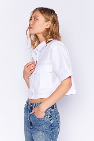 Manche Λευκό γυναικείο Crop πουκάμισο | MKS 164358 -01