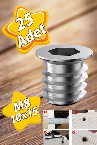 GLASWEN Metal Düz Dişli Dübel Ahşap Dübeli M8 10x15 Diş Çinko Mobilya Bağlant...