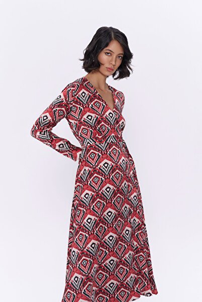 Quzu Beli Kemerli Desenli Uzun Elbise Kırmızı