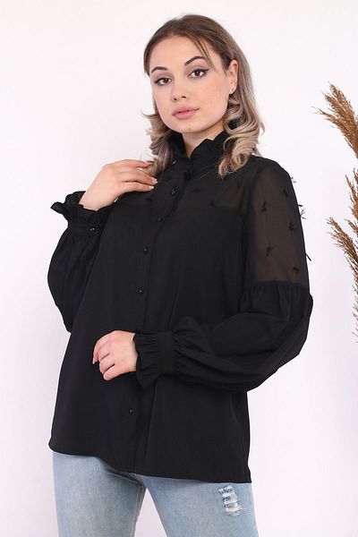 Loom Boutique Plus Size Cut-Out Chiffon Detailed Pearl Button Shirt