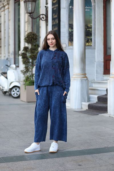 AYASOFYA OTANTIK Navy Blue Ethnic Patterned Women's Knitwear 2-Piece Set - Hooded Blouse and Pants