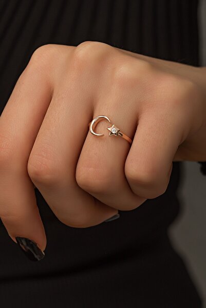 SUNSHINE 925 Ayar Rose Kaplamalı Beyaz Taşlı Ay Yıldız Gümüş Yüzük