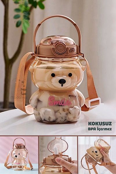 Madamev 1000ml Transparent Smile Teddy Bear Water Bottle - with Hanger, Straw and Leakproof Odorless Water Bottle