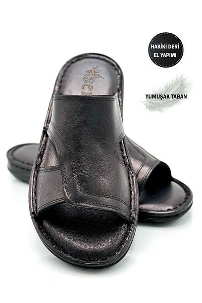 sermoda Genuine Real Leather Men's Slippers Light Slippers Leather A Black