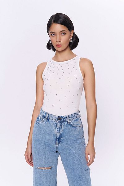 Quzu Ecru Halter Neck Bodysuit - with Stone Accessories