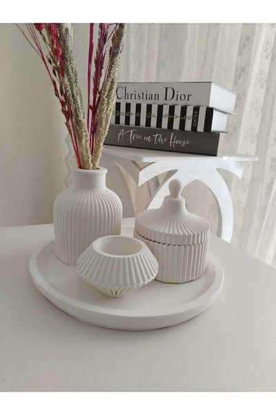 Dore hobi 4 Piece Decorative Flower Pot Set - Candle Holder, Turkish Delight Holder and Plate