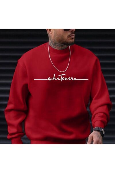 NO 601 Erkek Kırmızı Whatever Desenli Bisiklet Yaka Sweatshirt