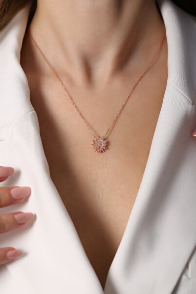 SUNSHINE 925 Ayar Rose Kaplamalı Özel Koleksiyon Bej Rengi Taşlı Çiçek Gümüş Kolye