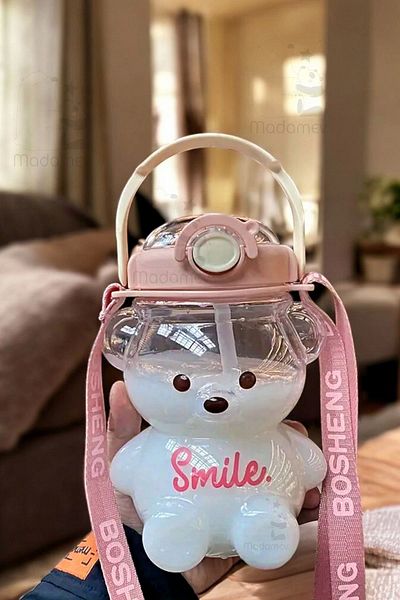 Madamev 1000ml Transparent Smile Pink Teddy Bear Water Bottle with Strap - with Straw and Leakproof Odorless Water Bottle