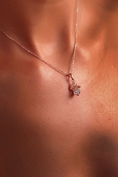 SUNSHINE 925 Ayar Rose Kaplamalı Beyaz Taşlı Kelebek Gümüş Kolye
