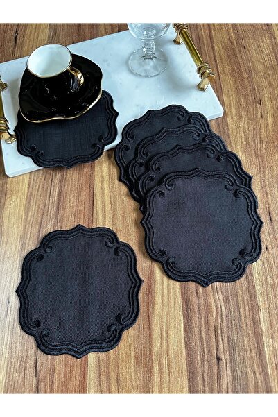 NURHAN HOME COLLECTION 6 Adet Curly Modeli Siyah Renk Nakışlı Kahve Yanı Kokteyl Sunum Peçete