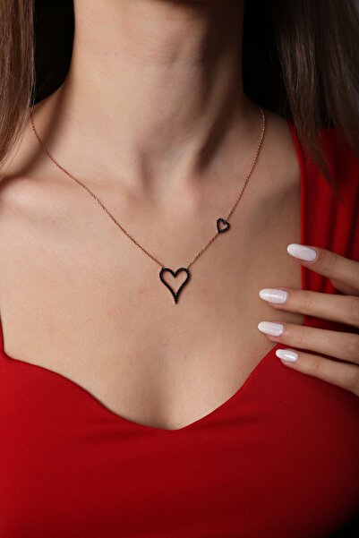 SUNSHINE 925 Ayar Rose Kaplamalı Siyah Taşlı 2 Kalpli Gümüş Kolye