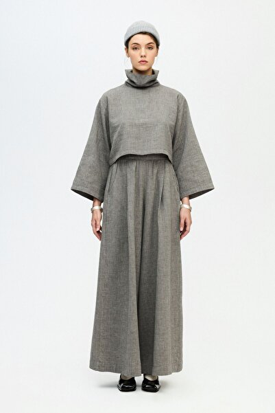 İKİKIZ Gri Boğazlı Crop Bluz