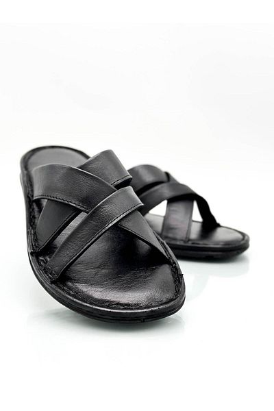 sermoda Γνήσιο πραγματικό δέρμα Ανδρικές Παντόφλες Ελαφριές Παντόφλες Δερμάτινο Σταυρό Μαύρο